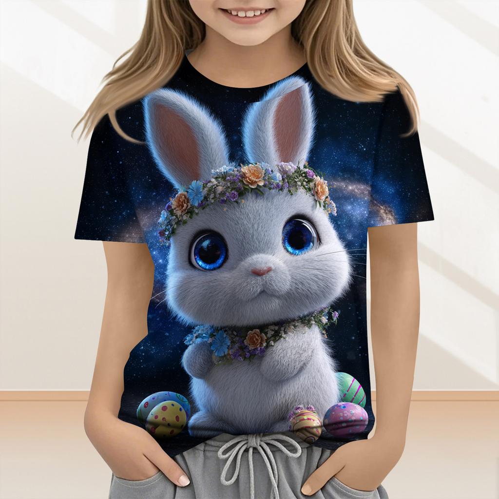 Lässige und modische Osterkleidung für Kinder, mit Hasen, Ostereiern und bedruckten kurzärmeligen Oberteilen und T-Shirts.