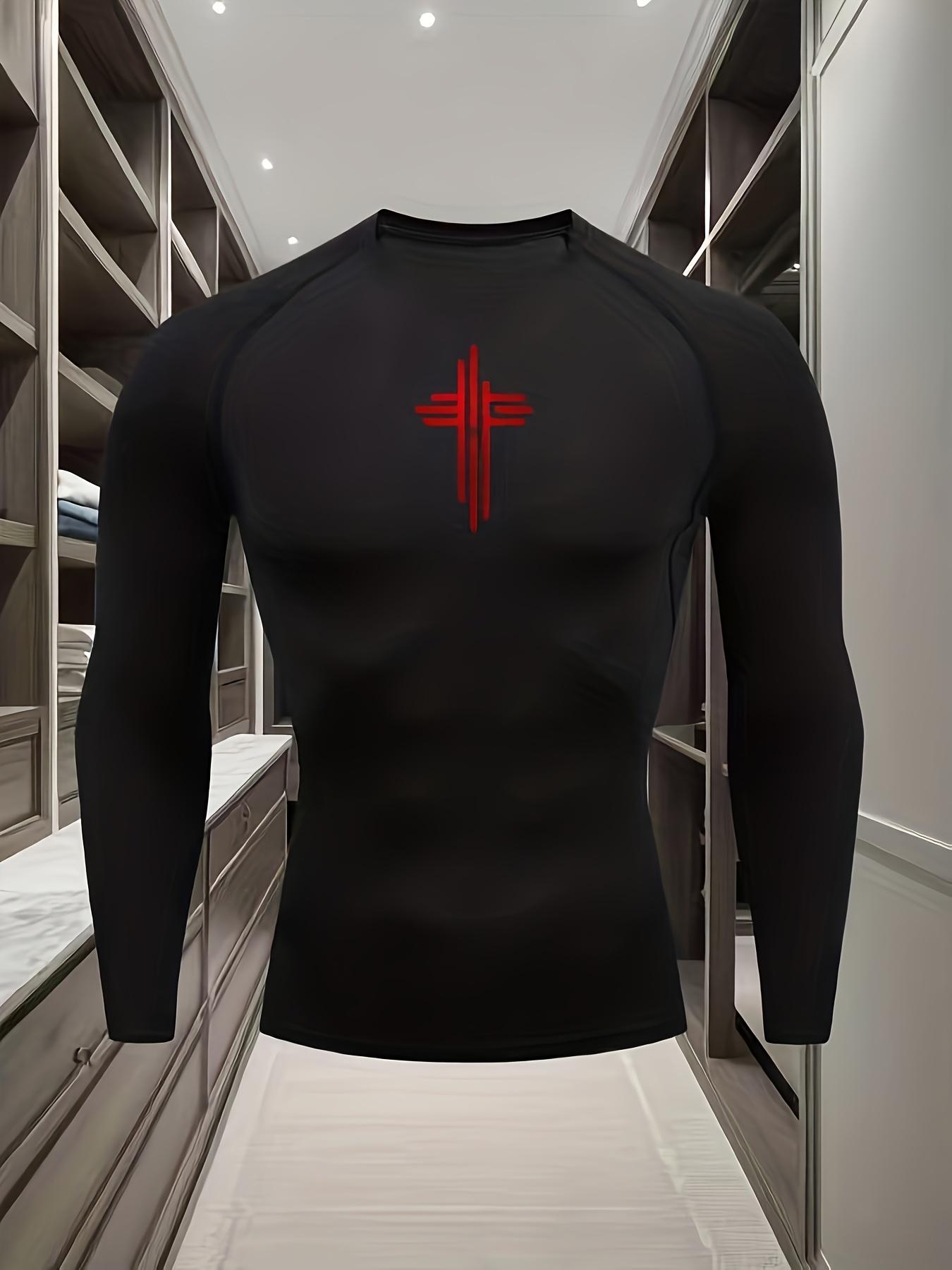 Mens White Long Sleeve Compression Shirt Red Triple Cross Graphic Quick Dry Breathable High Elasticity Gym Workout And MMA Running Athletic Top S чёрный