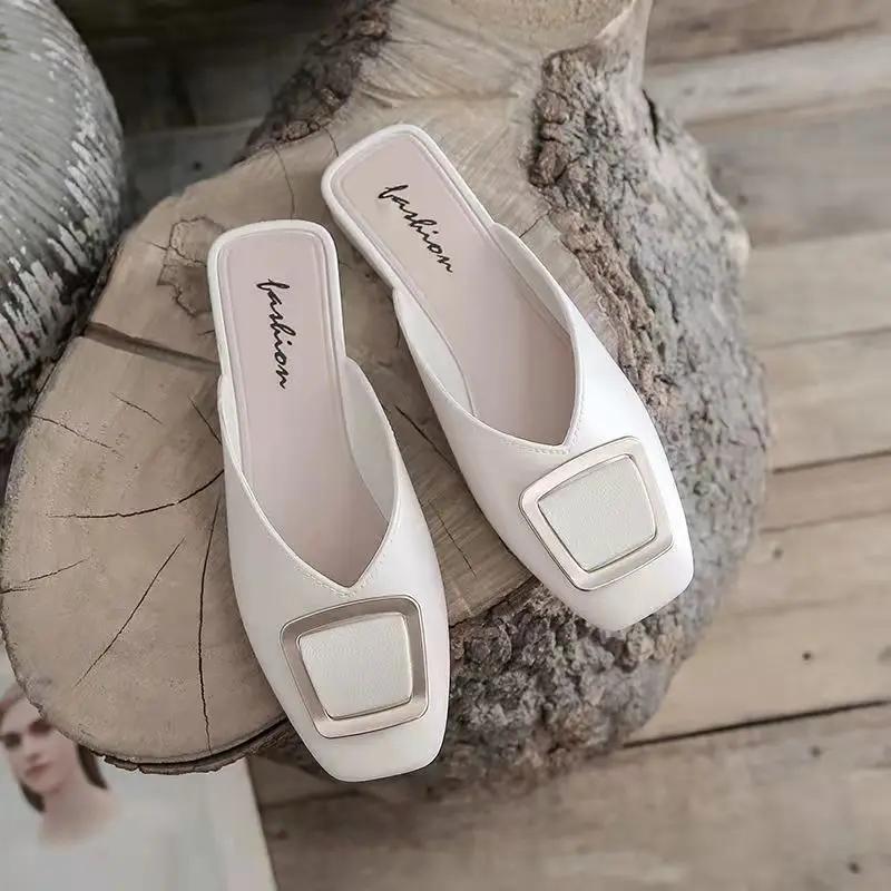 Fashion Low Heel Indoor Leather Women's Slippers and Ladies Sandals Outside Shoes Soft Job Slides Pearl Mules Natural Skin Footwear Pvc