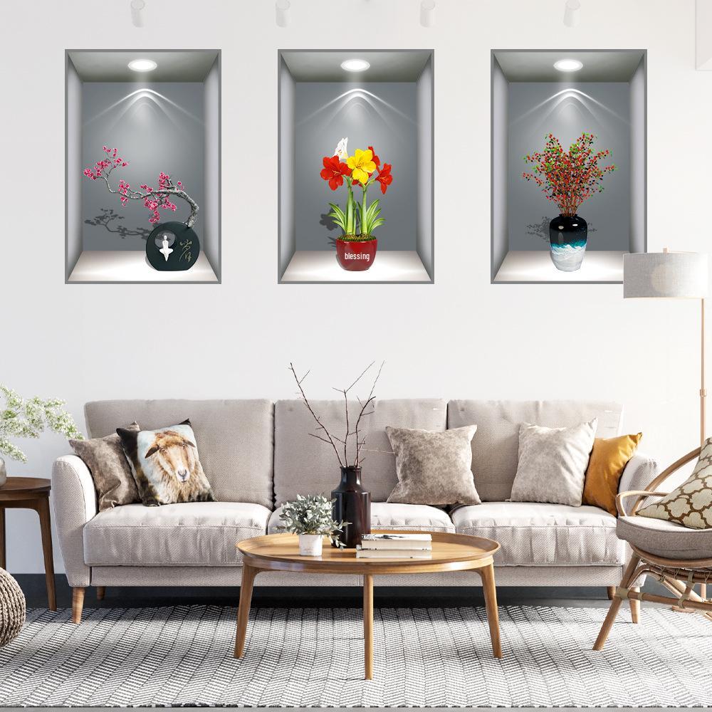 Wei Mo Xiang Green Plant Three-Panel Self-Adhesive Decorative Wall Sticker for Home & Hotel