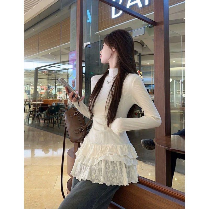 Korean High Neck Women s Slim Fit T-Shirt - Thermal Fleece, Lace Trim, Autumn/Winter Style Large