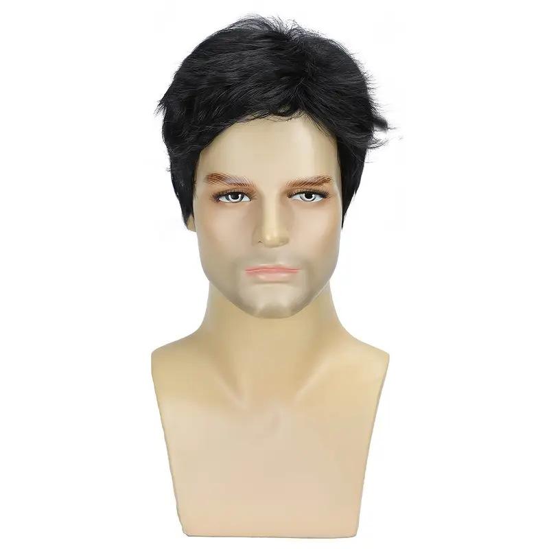 Men’s Short Black Synthetic Wig Stylish Business Style Natural-Looking Breathable Comfortable Lightweight for Daily Work & Formal Occasions 6inch