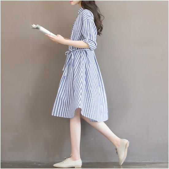 Plus Size Women Vertical Striped Loose Long Sleeve Button Down Shirt Midi Dress
