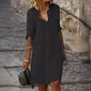 New loose lapel button medium sleeve solid color cotton and linen shirt dress