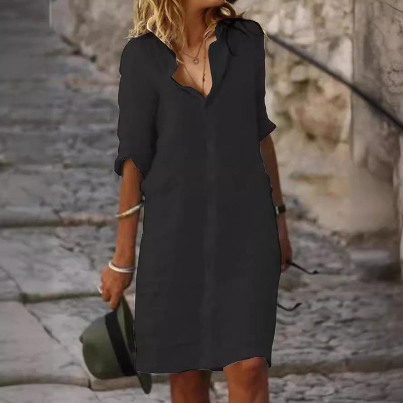 New loose lapel button medium sleeve solid color cotton and linen shirt dress