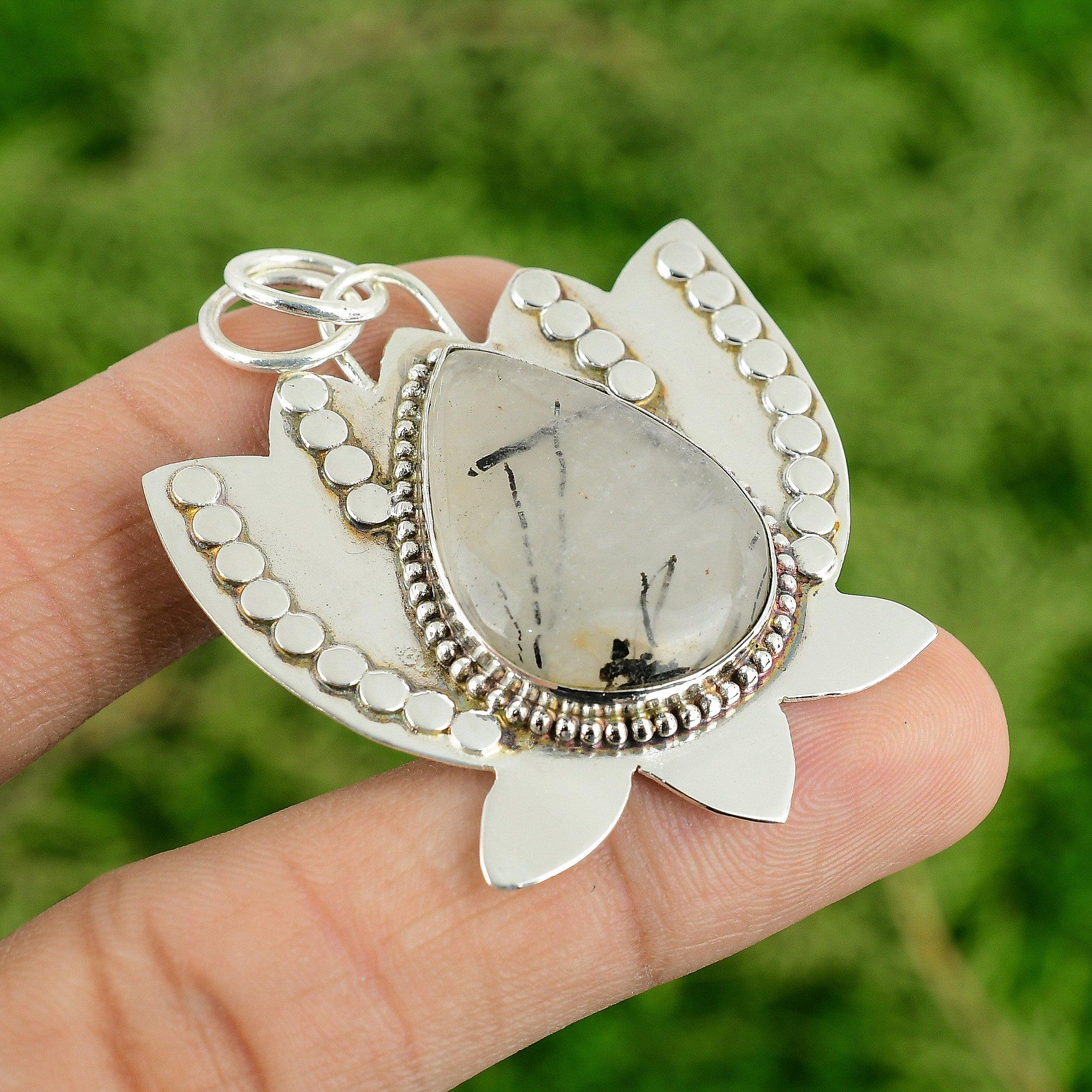 

Серебро 925 пробы Натуральный черный кварц-рутил Бохо Лотос Ручная работа Подвеска Ювелирное изделие