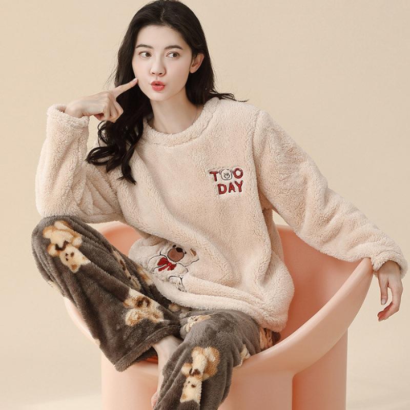 Thickened Warm Large Size Padded Fall and Winter Women's Pajamas Top and Pants Set Coral Velvet Ladies Cartoon Bear 2PCS/Set