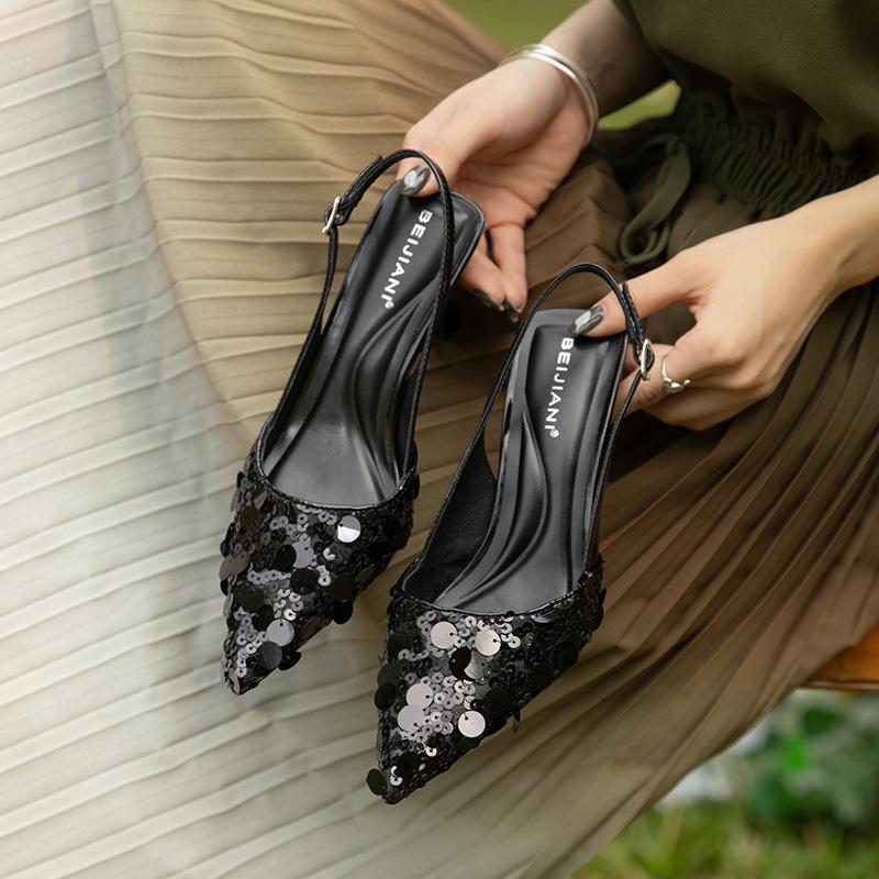 Splicing Sequins Buckle Bag Head Stiletto Sandals Women's Pointed High Heels Spring and Summer New Models