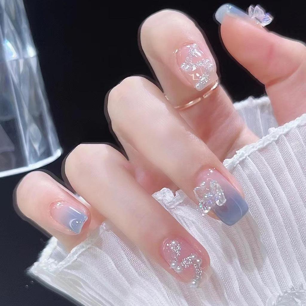 Simple French Gradient Detachable Press-On Nails: Short, Whitening False Nail Tips.