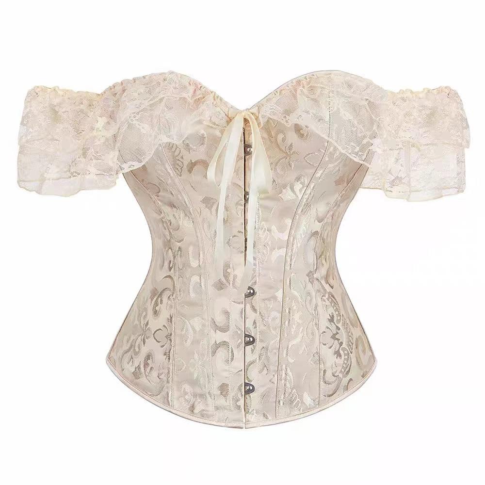 Women's Jacquard Lace Corset Top with Flutter Sleeves & Waist Cincher