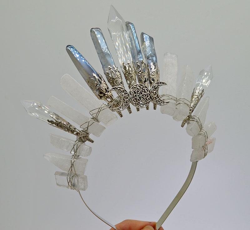 Retro Silver Moon Crystal Glass Crown Headband