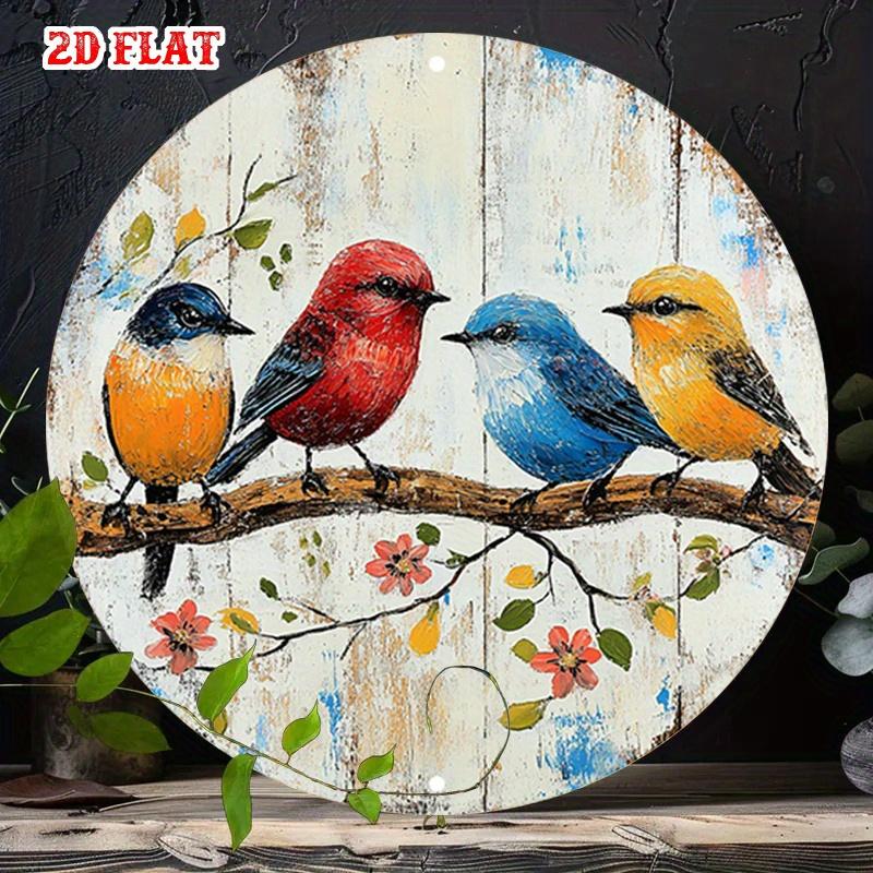 D Flat  A Round Print Poster Showcasing a Single Piece of Vintage Metal Signage with Four Colorful Birds Perched On a Wooden B