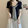Women's Plus Size Navy Striped Collar Short Sleeve T-Shirt - Summer Versatile Loose Fit, Slimming Fashion Top