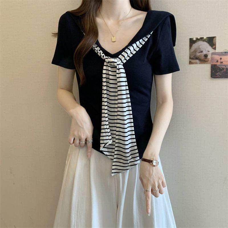 Women's Plus Size Navy Striped Collar Short Sleeve T-Shirt - Summer Versatile Loose Fit, Slimming Fashion Top