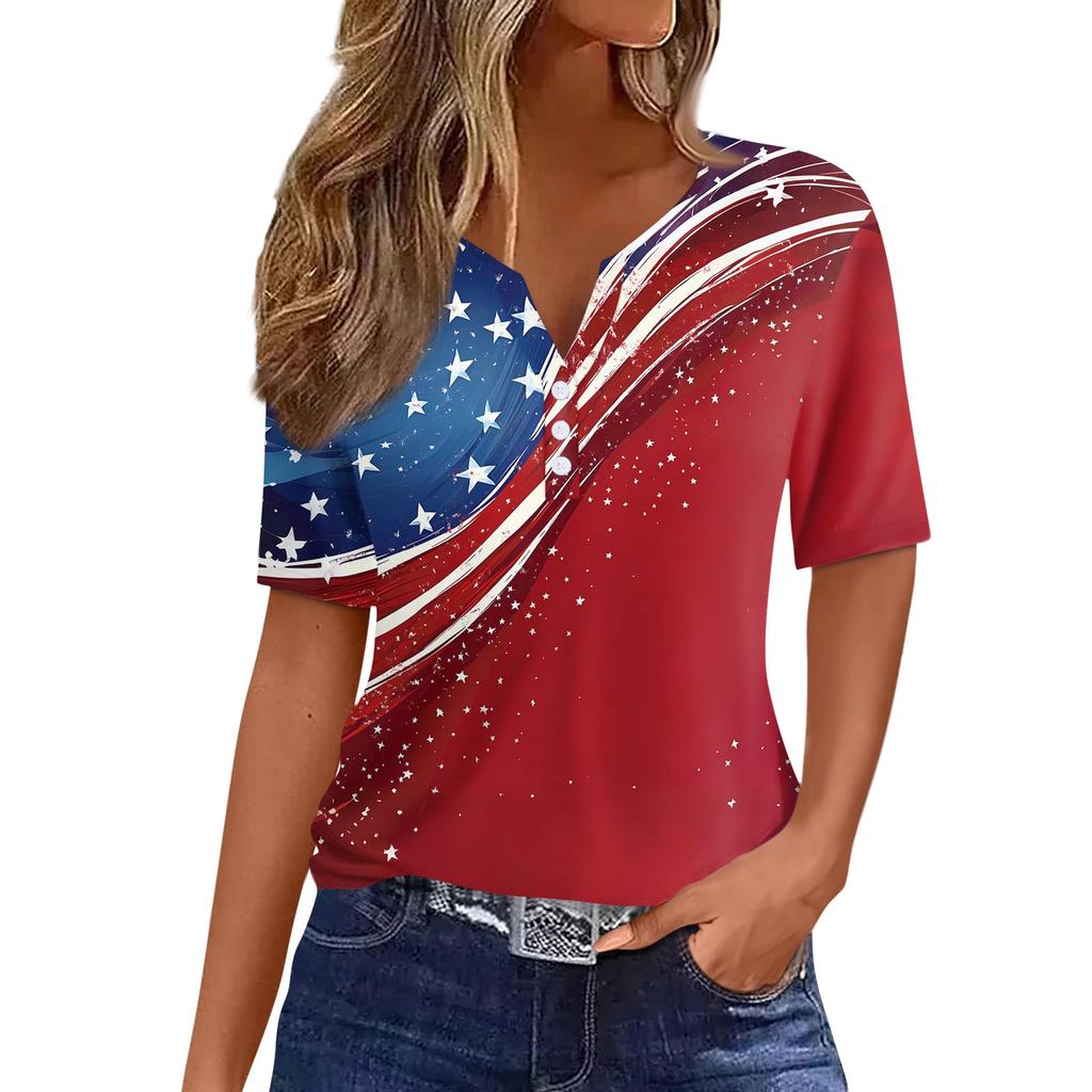 Women's T Shirt Independence Day Print Button Short Sleeve Daily Weekend Fashion Basic V- Neck Regular Top