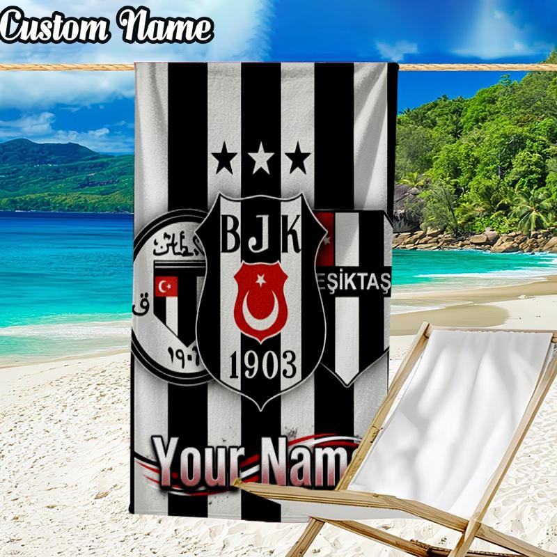 Custom Name BJK Football Crest Beach Towel - Soft, Ultra-Absorbent Microfiber, Lightweight, Perfect for Beach, Parties, Travel, Camping