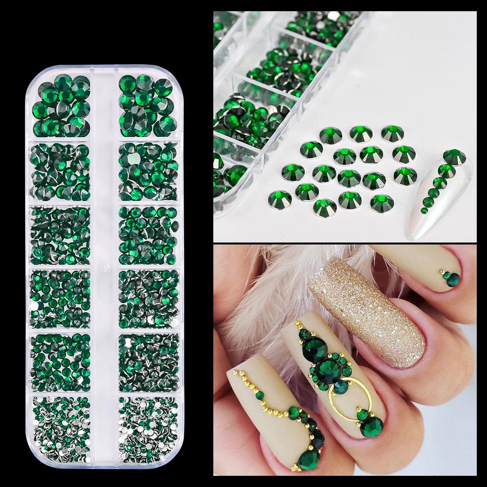 12Gird Mix Size Pink Red Green Crystal Nail Art Rhinestones Luxury Nail Diamond Gem Flatback Glass Stone Strass Nail Supplies