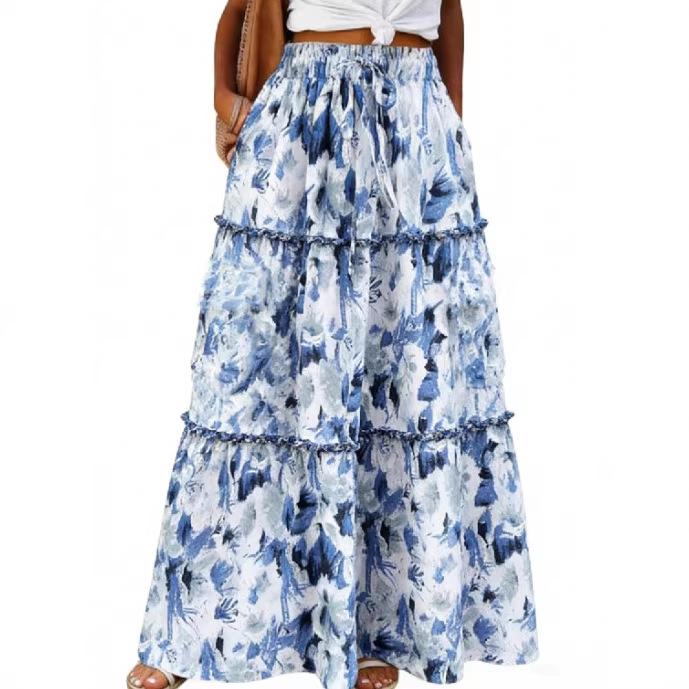Gonna Lunga da Donna a Balze con Stampa Floreale, Vita Alta Elastica e Coulisse