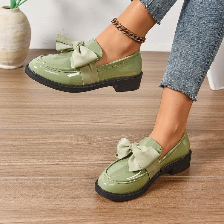 Women s Patent Leather Bow Loafers Round Toe Low Block Heel Slip-On Casual Oxford Shoes 35