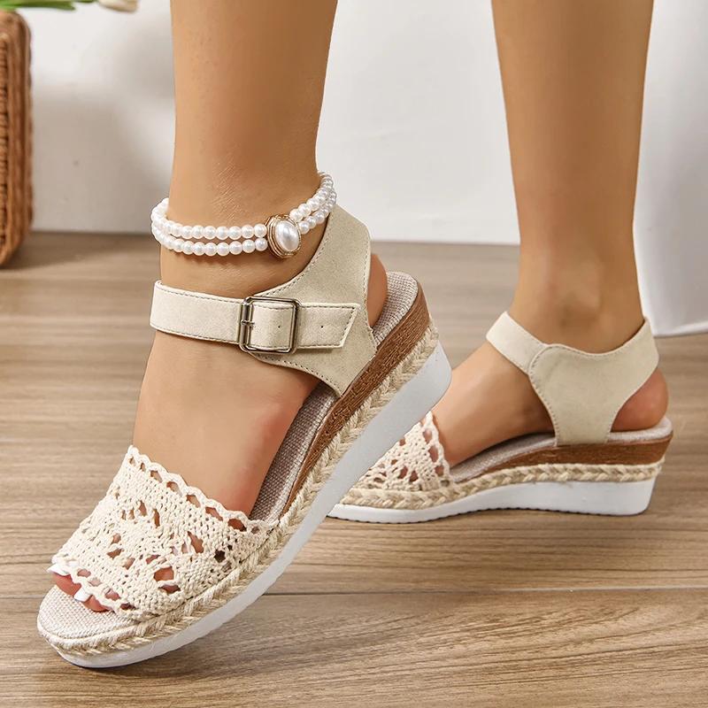 Fashion Hollow Espadrilles Wedge Sandals for Women Summer 2025 Peep Toe Ankle Strap Platform Sandals Woman Thick Sole Casual Beach Shoes