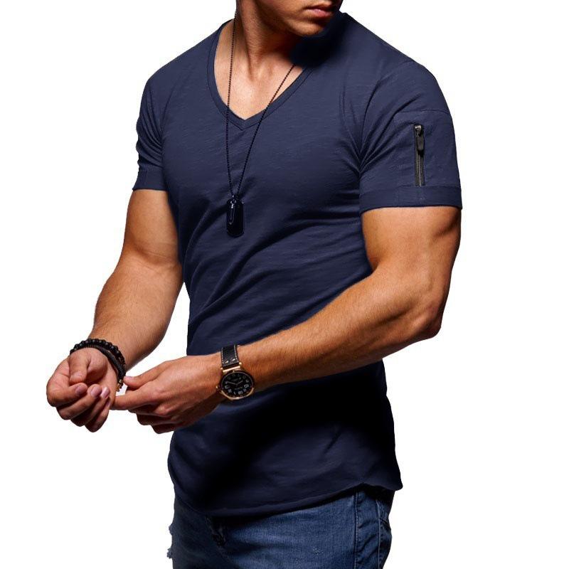 Men's Plus Size V-neck Elastic Short Sleeve T-shirt - Pure Color Youth Style