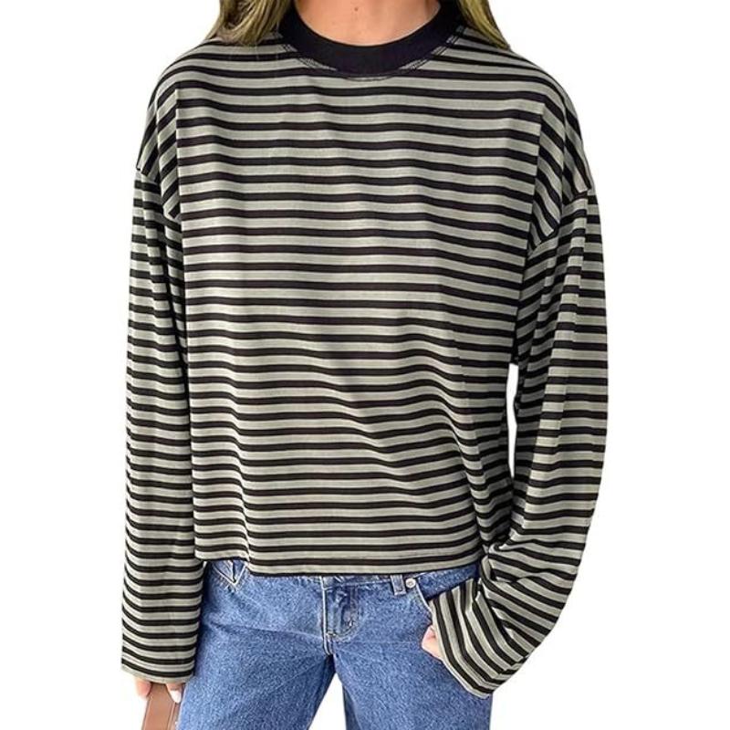 Women Retro T-shirt Long Sleeve Crew Neck Loose Ladies Fall Casual Striped Top Streetwear