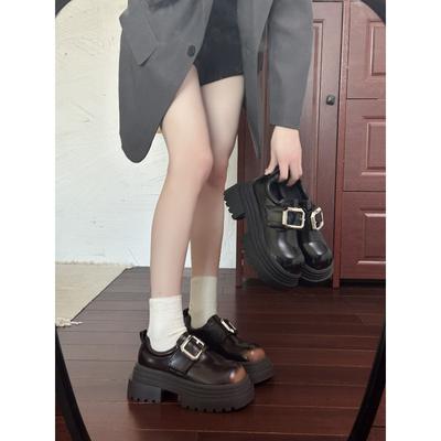 Platform British Style Square Buckle Small Leather Shoes Women's Versatile Retro Loafers Round Head Commuter Shoes