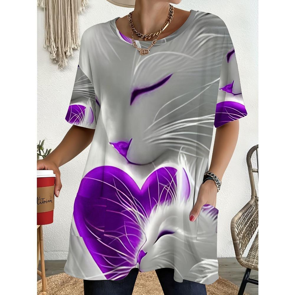 Women's Summer Short Sleeved T-shirt, 3D Printed Pocket T-shirt, Casual Plus Size T-shirt