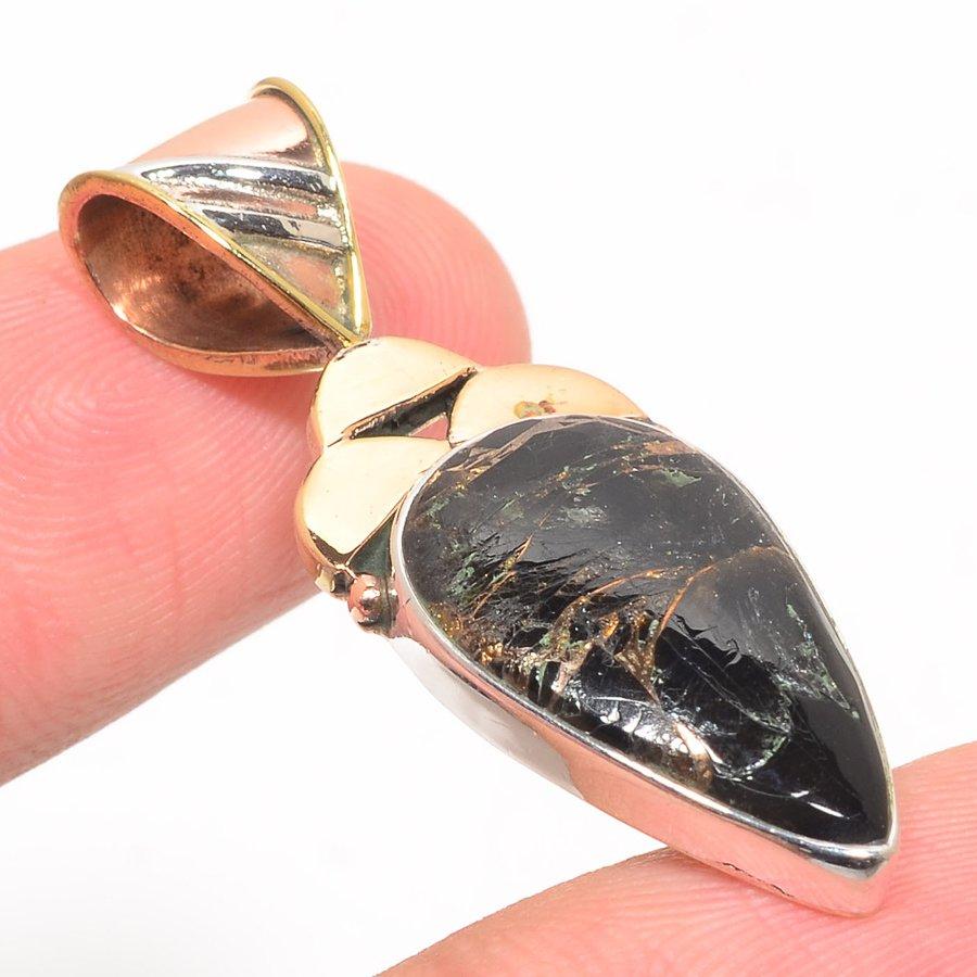 Natural Black Turquoise TwoTone 925 Solid Sterling Silver Pendant 1.75" M5I26