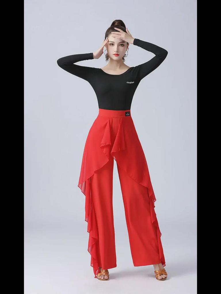 Women's High Waist Ruffled Wide-Leg Latin Dance Pants