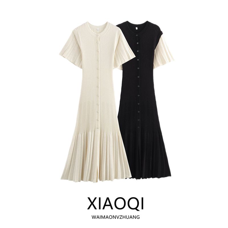 Western Style 2024 Autumn New Women Clothes Slim Fit Two-Color Knitted Single-Breasted Long Dress Fishtail Skirt