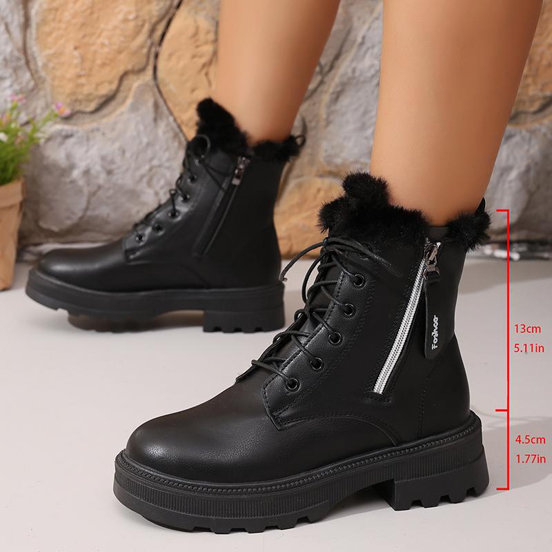 Fashion Women's Autumn Winter Ankle Boots Thick Sole Warm Plush Cotton Shoes Woman Fashion Black White Pu Leather Platform Botas Mujer