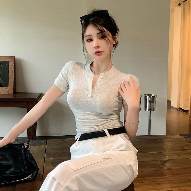 Summer Slim Fit Buttons V Neck Casual T-shirt for Women Fashion Short Sleeve Woman Tshirts Tops Solid Elegant Simple Office Lady Tee 24369