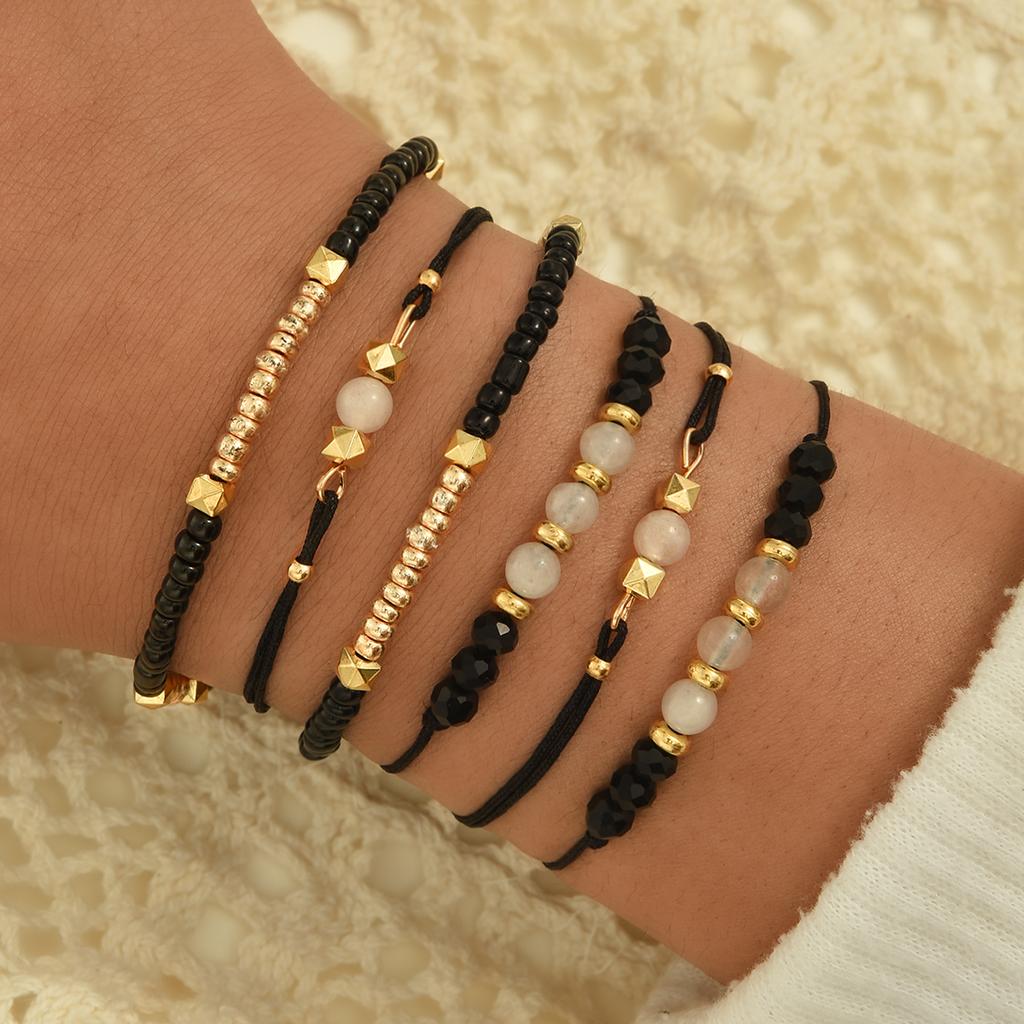 6Pcs/Set Men's Black Rope Braided Beaded Bracelets Handmade Gold Color Multilayer Crystal Bracelets Sets Fashion Prayer Jewelry