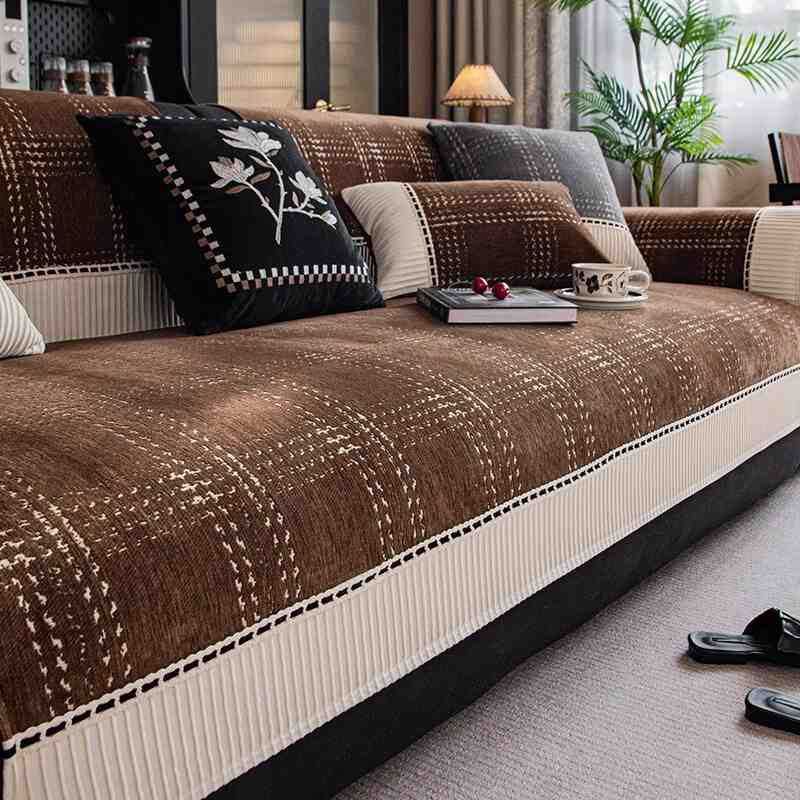 Piece Checkered Chenille Sofa Cushion Universal Anti Slip Cushion for All Seasons Sofa Cover Cloth Anti Cat Scratch Wear-resistant Home Decoration
