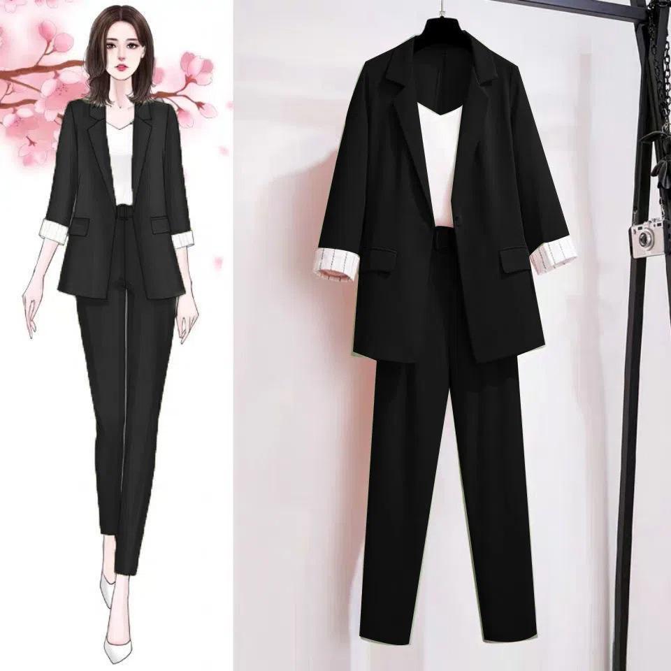 Dünne Jacke im koreanischen Sommerblazer im lässigen Stil mit weiten Beinen und zweiteiligen eleganten Hosensets für Damen im Büro-Business-Anzug
