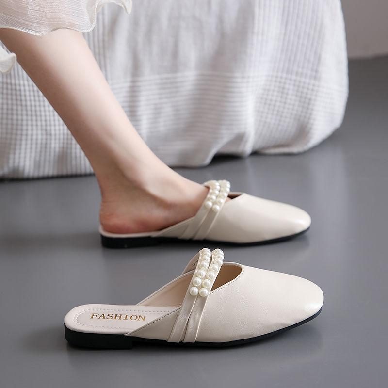 

Leather Slides Pearl Low Heel Beige Women s Slippers and Ladies Sandals Chic Elegant Unique Slip-resistant Small Size Shoes 40