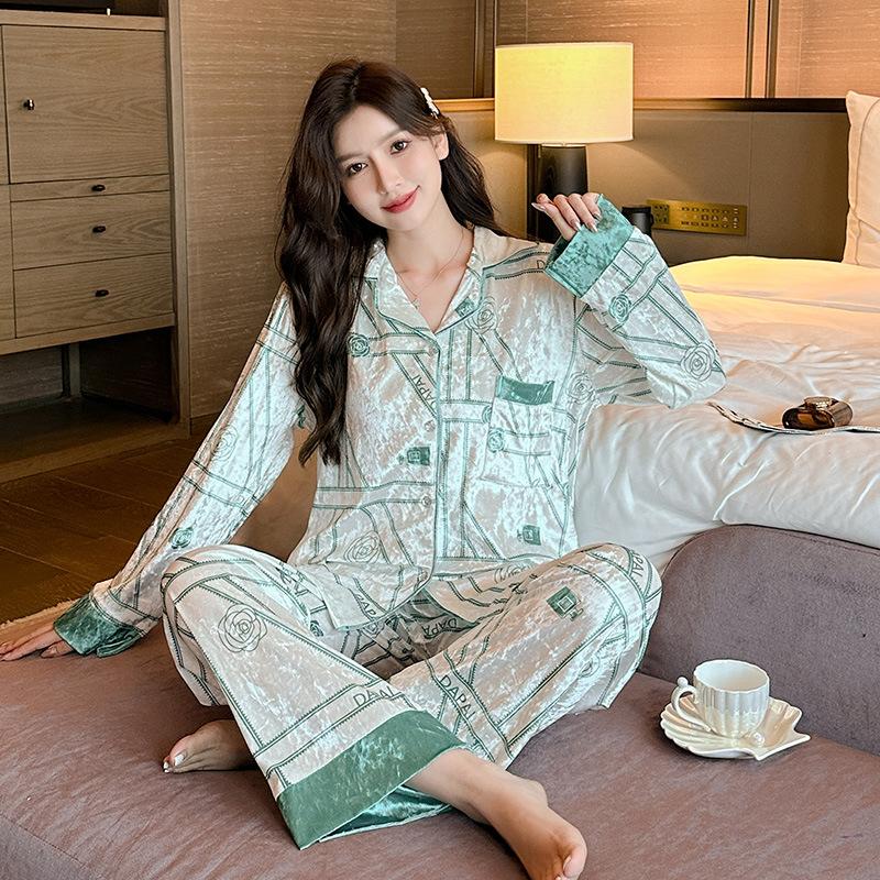 

Велюровый пижамный костюм женский комплект для сна 2 шт осень зима новый комплект для сна роскошный дизайн домашняя одежда брюки принт домашняя одежда ночная одежда M