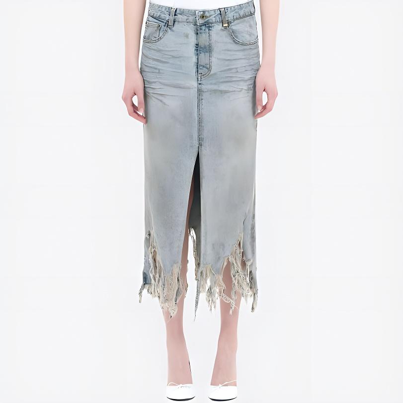 WE11DONE Vintage Distressed Zipper Pocket Denim Maxi Skirt Women skirts Blue WD-DS3-24-335-W-SK