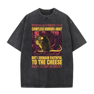 Funny Cheese Devouring Machine Japanese Rat Graphic Tee Unisex Vintage O Neck Oversized YK Unisex Casual Soft Breathable