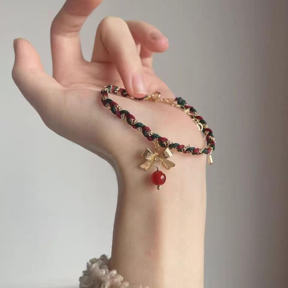 New Chinese Christmas atmosphere bow woven bracelet ethnic style retro Tibetan necklace set trendy hand jewelry