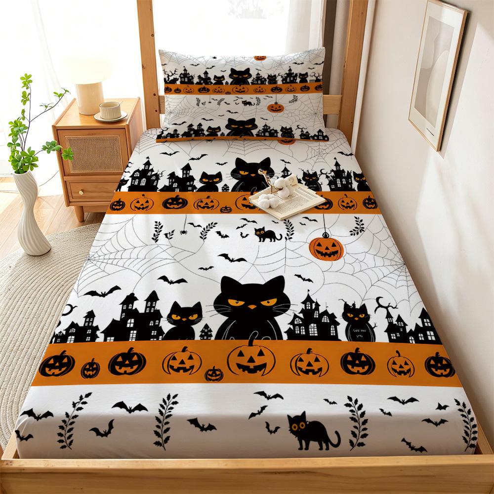 Halloween Spider Web Black Cat Pumpkin Fitted Sheet 3PCS Set Spooky Bedding Set 1 Fitted Sheet + 2 Pillowcases