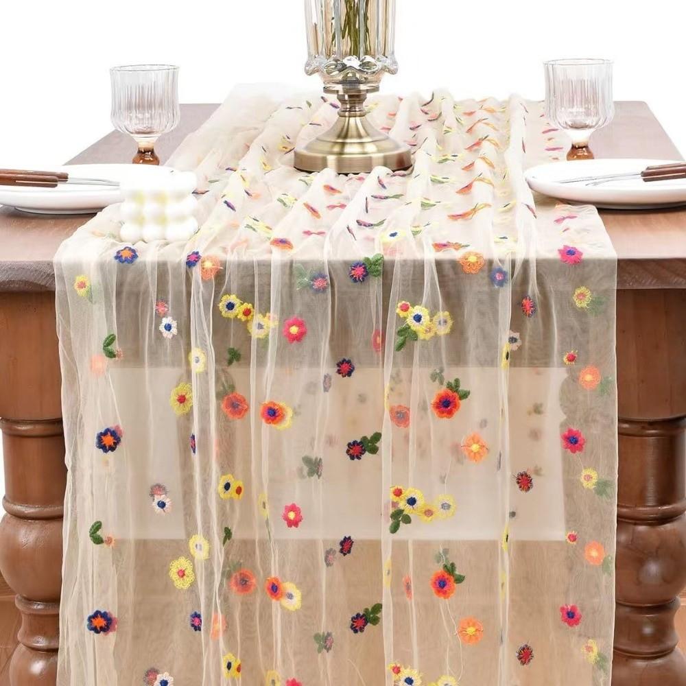 Colorful Flower Lace Tulle Runner Embroidery Daisy Floral Table Cover  for Bridal Shower