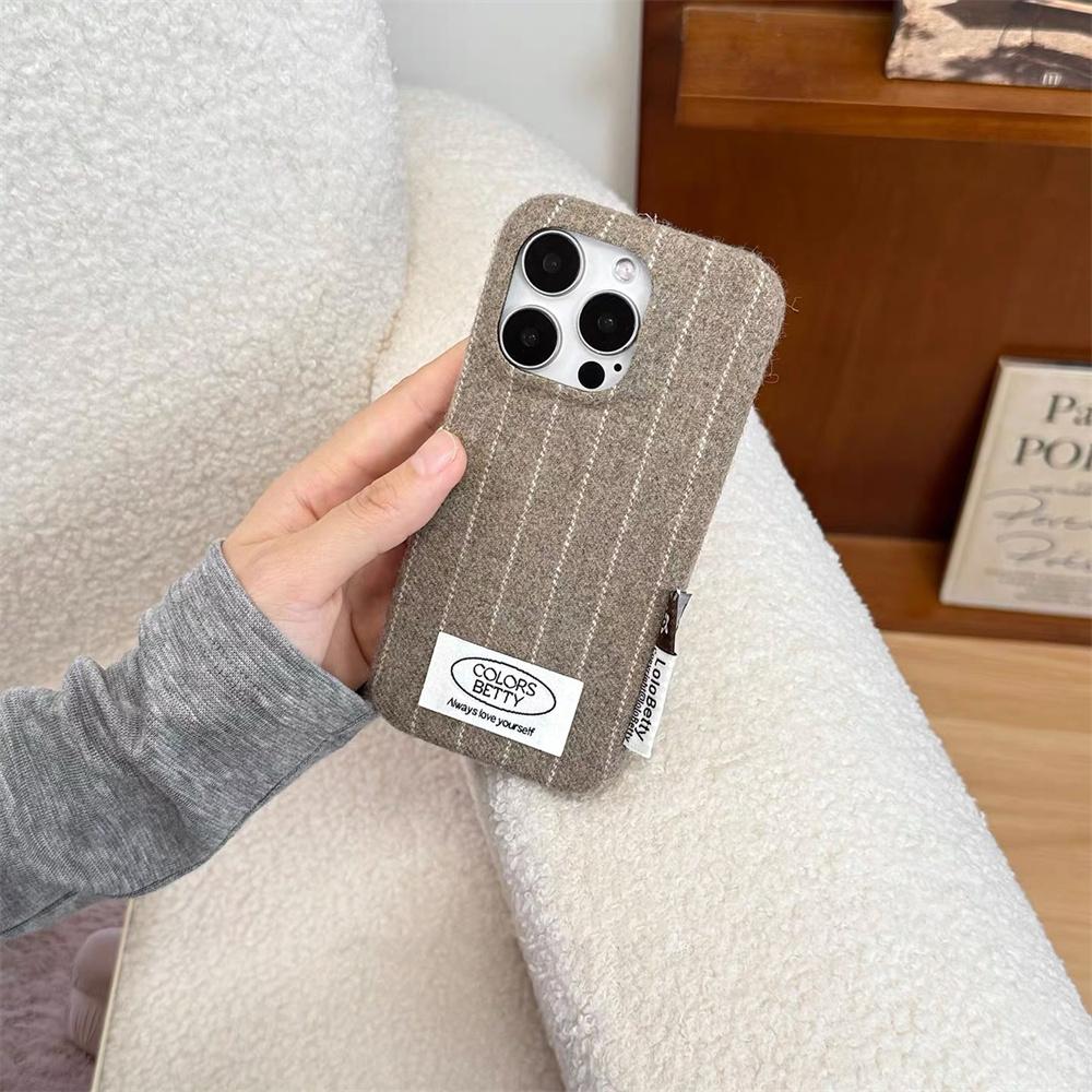 Korea ISN Simple Striped Plush Phone Case for iPhone 17 16 Pro 15 14 Pro Max 13 Cover with Lanyard Fashion Protection Funda Case