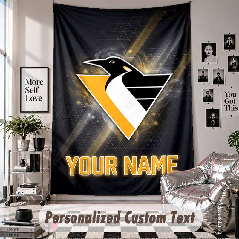 Wall Hanging Tapestry With Custom Name & Text, Pittsburgh Penguins Decorative Tapestry For Bedroom