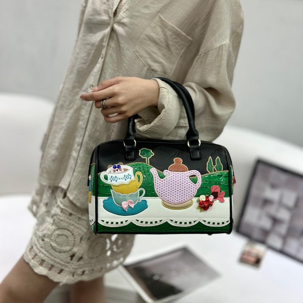 Bag Female Creative Boston Bag Cartoon Embroidery Splicing Shoulder Handheld Crossbody Bag Pillow Bag