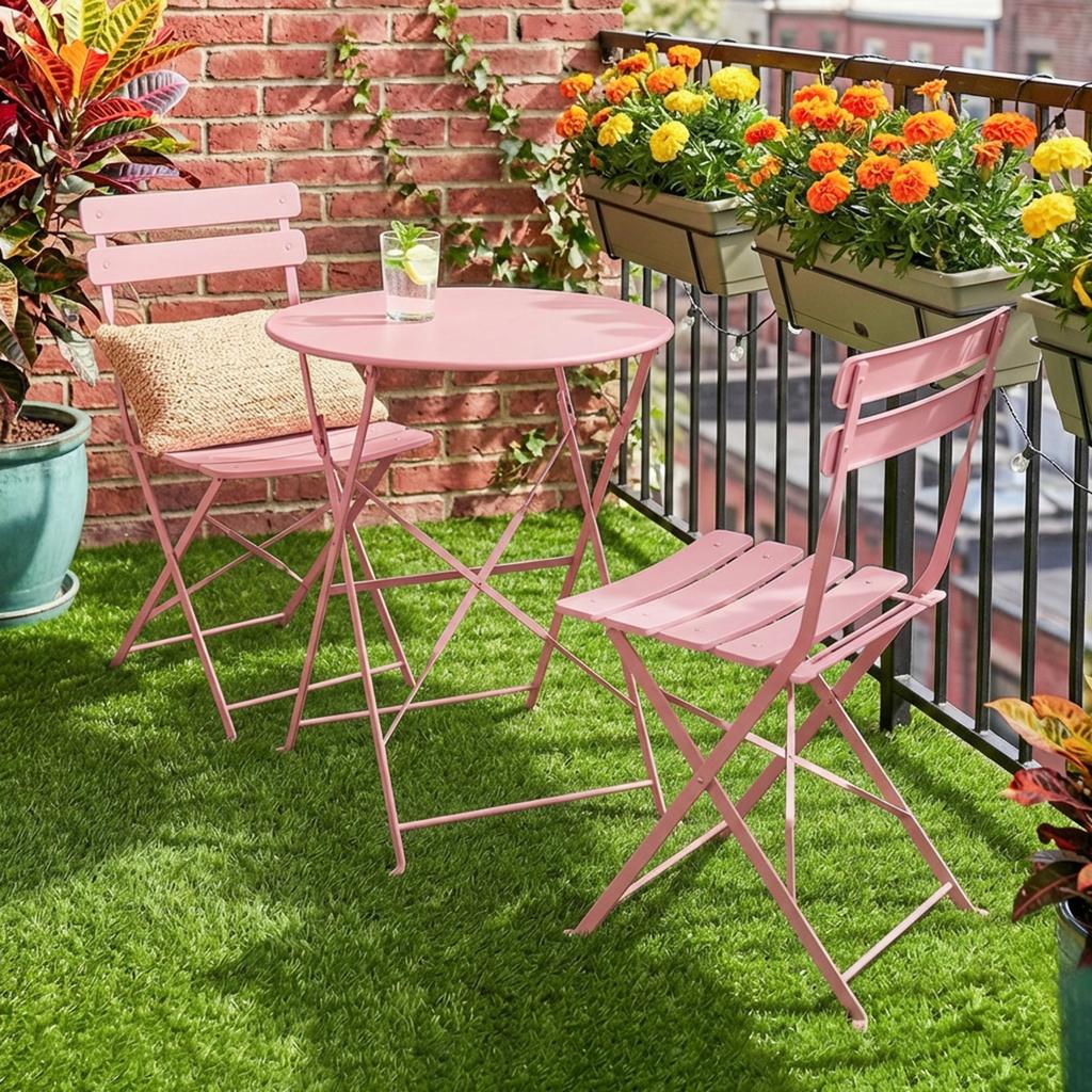 Garden Bistro Set 3 Pieces Table and 2 Folding Slatted Chairs Double Rust Protection Pink