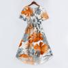 Women Casual V Neck Short Sleeve Floral Print Dress Vintage Style Midi Length Summer Dress with Wrap Design and Flared Skirt