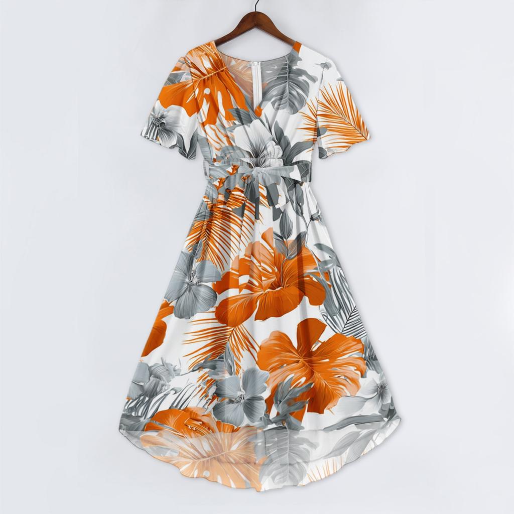 Women Casual V Neck Short Sleeve Floral Print Dress Vintage Style Midi Length Summer Dress with Wrap Design and Flared Skirt
