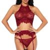 3Pcs Sexy Women See Through Floral Lace Babydoll Bra Briefs Garter Underwear Set